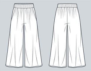 Cropped Wide Leg Pants with Elastic Waistband Technical Fashion Sketch. Jogger Pants fashion flat technical drawing template, raw hem, pockets, front, back view, white, women, men, unisex CAD mockup.