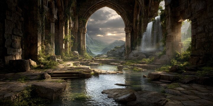 Epic fantasy world in ruins with water streaming into the great unknown