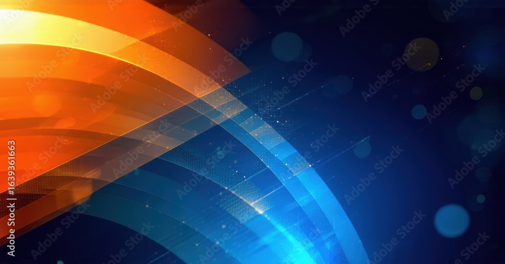 Poster abstract background features vibrant orange, blue curves. light effects create dynamic, modern visua