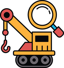 A black and white drawing of a crane with a magnifying glass on top of it