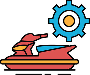 A black and white drawing of a jet ski with a gear on it