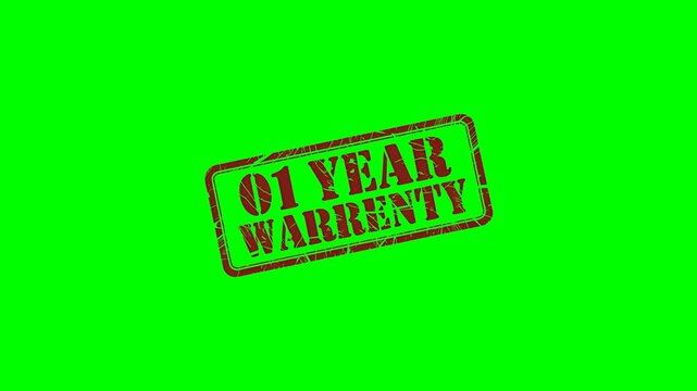 01 Year Warranty: rubber stamp seal label animation on a green screen background for highlighting product guarantees, customer assurance, and quality commitment