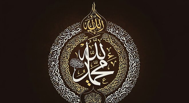 Ornate golden Arabic calligraphy featuring the names of Allah and Muhammad on a dark background