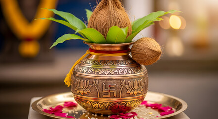 Indian Wedding Kalash: Brass Pot, Coconuts, Mango Leaves