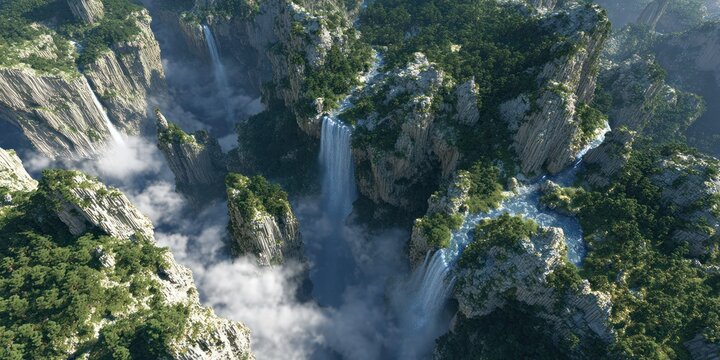 Ethereal world of floating cliffs and never-ending waterfalls