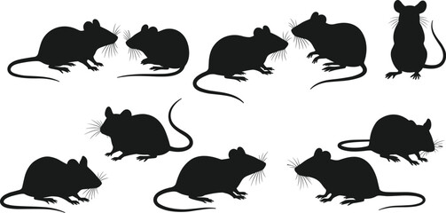 Silhouette black mouse vector set, mouse outline icon, collection of different mouse postures and sizes, standing and sitting rodents, mouse animal logo, flat design style.
