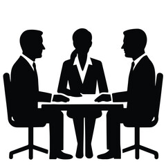 Obraz premium Three business professionals in silhouette meeting around a table isolated on white background