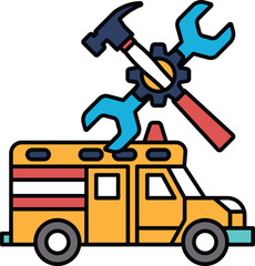 A black and white drawing of a truck with a hammer and wrench on top of it