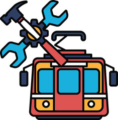 A black and white drawing of a train with a wrench and a screwdriver on it