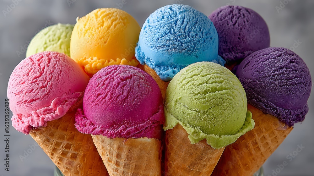 Poster row of ice cream cones with different colors. the cones are arranged in a circle. the colors of the 
