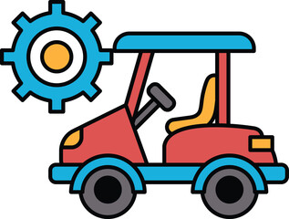 A black and white drawing of a car with a gear on the front