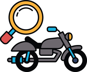 A black and white drawing of a motorcycle with a magnifying glass on top of it