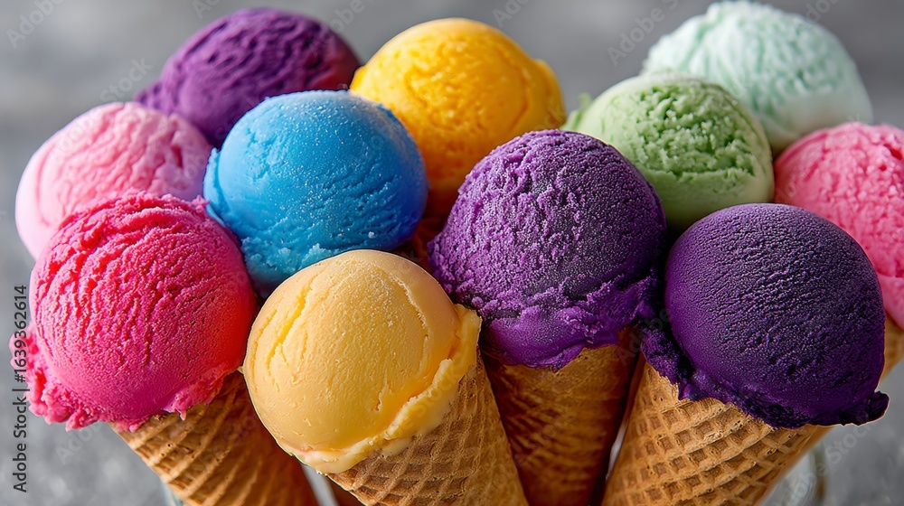 Poster row of ice cream cones with different colors of ice cream. the cones are arranged in a line and are 