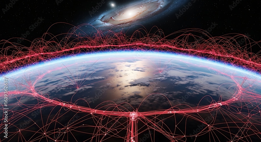 Poster global network connections illuminate earth from space, showcasing interconnectedness and vast data 