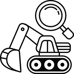 A black and white drawing of a large excavator with a magnifying glass on top of