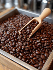 Fototapeta premium Pile of roasted coffee beans with a wooden scoop.