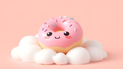 3D illustration of a cute pink frosted donut with sprinkles and a smiling cartoon face, isolated on a soft pastel background—perfect for food design, bakery branding, and children’s illustrations