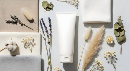 Blank white cosmetic tube mockup surrounded by natural elements cotton lavender eucalyptus soft light aesthetic minimalist branding packaging design template product photography
