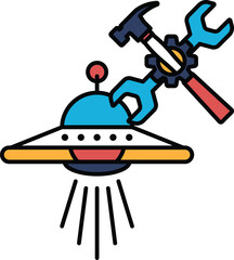 A black and white drawing of a spaceship with a hammer and wrench on it