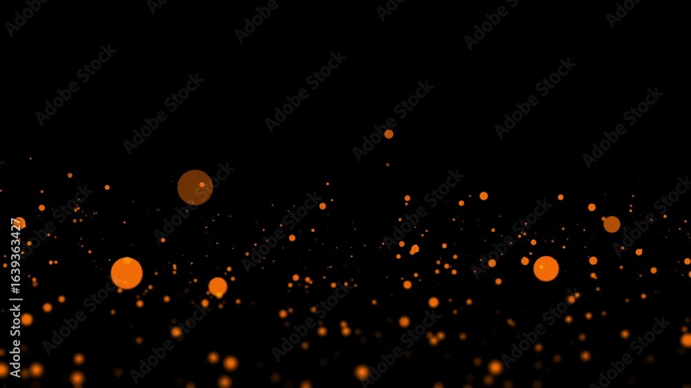 Poster beautiful loop animation glow orange bokeh particles flow on black abstract background. 4k seamless 