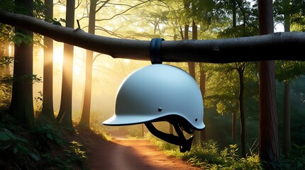 Blank white helmet is suspended from a sturdy tree branch that stretches over a serene forest trail, with warm golden hour sunlight filtering through the dense foliage of tall trees.