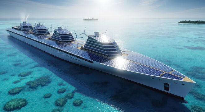 Futuristic Solar and Wind-Powered Super Ship Cruising a Calm, Turquoise Tropical Sea