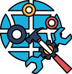 A black and white drawing of a hammer and a wrench on a globe