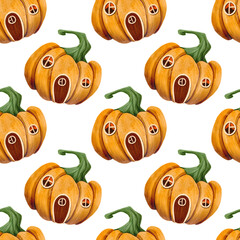 Seamless pattern with funny little pumpkin house. Hand drawn watercolor illustration suitable for holiday decoration, printing, fabric