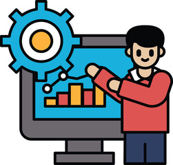 A man is drawing a gear on a computer screen