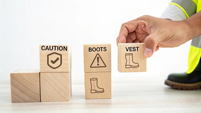Safety Equipment Symbols with Wooden Blocks and Hand Arrangement