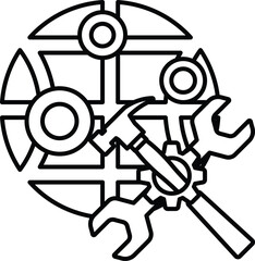 A black and white drawing of a hammer and a wrench on a globe