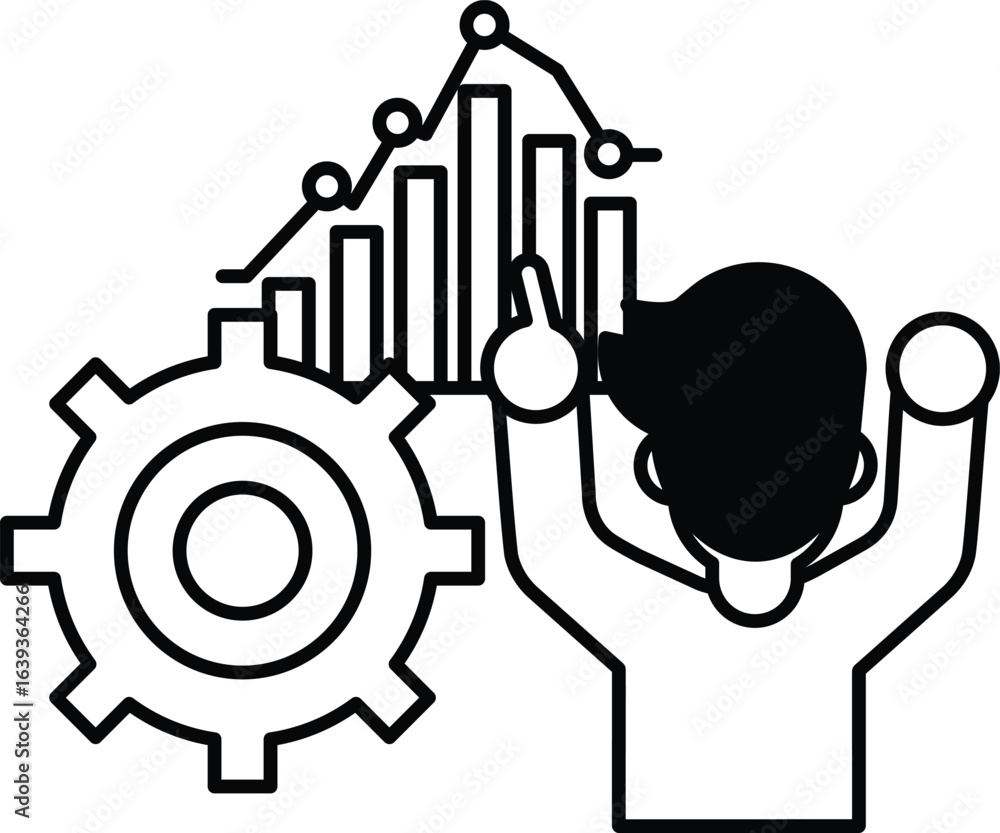 Poster a man is standing in front of a gear and a graph