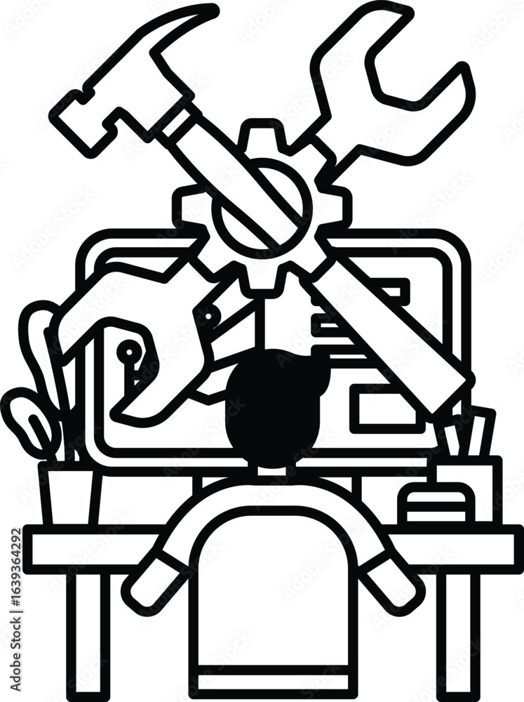 Poster a man is sitting at a desk with a computer and a toolbox