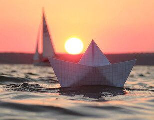 Paper boat sailing on the sea at sunset with warm light reflection on water. Generative AI
