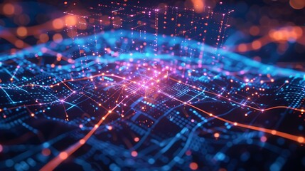 A vibrant fusion of technology, science, and design, featuring digital patterns, abstract shapes, and futuristic concepts. Dynamic waves, geometric grids, and colorful stunning