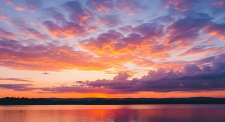 Naklejka premium Vivid Sunset Sky with Colorful Clouds Over Calm Water Scene