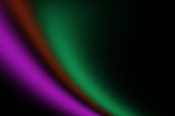 Red purple green shape on dark black grainy background with glowing light blur, abstract gradient...