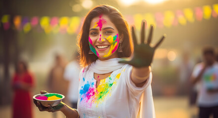 Joyful Woman Celebrates Holi Festival with Colorful Powder