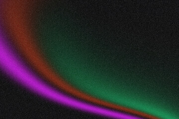 Smooth glowing gradient with red green purple shape on black grainy background, blurred light poster cover design