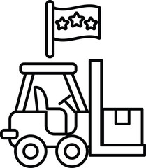 A black and white drawing of a forklift with a flag in the background