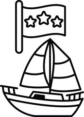 A black and white drawing of a sailboat with three stars on a flag