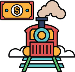 A train is on a track with a dollar bill in the foreground