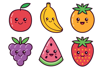 Fototapeta premium Cute kawaii fruits collection isolated on white background