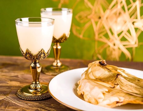 Ornate gold-accented glasses and a golden-glazed dish.