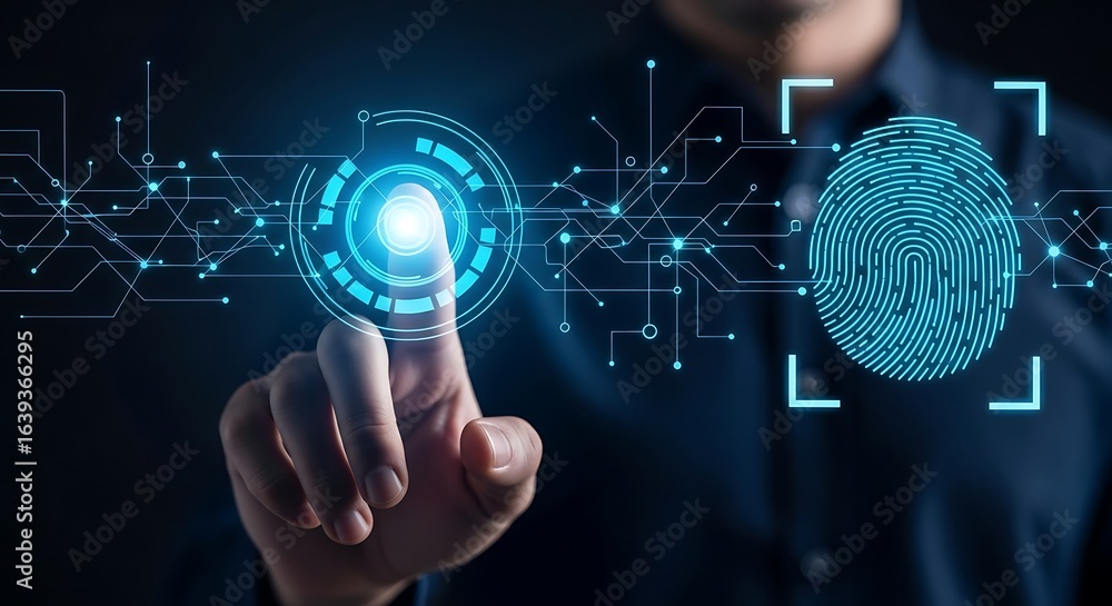 Poster man's finger touches glowing interface, accessing secure digital fingerprint data for advanced secur