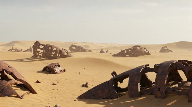 Abandoned Rusting Wreckage in a Vast Desert: A Haunting Landscape of Forgotten Machinery Eroded by Time and Elements