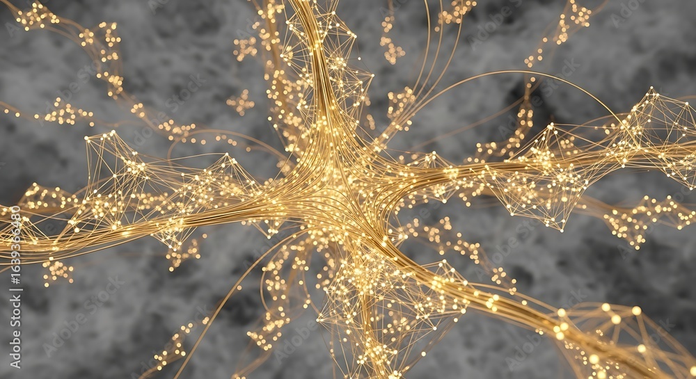Poster dynamic golden network of glowing interconnected nodes and lines, symbolizing data, connection, and 