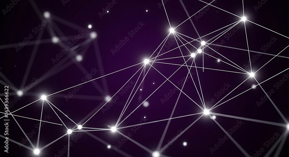 Poster dynamic glowing network of connected white nodes and lines on a dark purple background, abstract dig