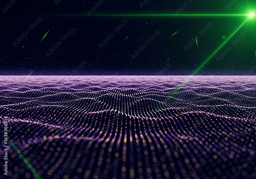 Poster dynamic digital landscape with glowing particles and futuristic green light beams creating an abstra
