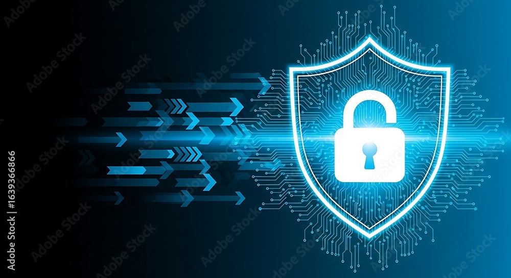Poster secure your digital world with advanced cybersecurity and data protection symbols, a modern shield a